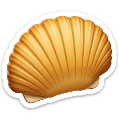 A madeleine pastry. Oval seashell shape with ONLY four to five vertical lines going in the same direction. Light golden brown. Scalloped edge. Cookie. Flat. Long. Oval shape. Lets scallops. Only four or five scalloped lines. Oblong shape. More length. sticker