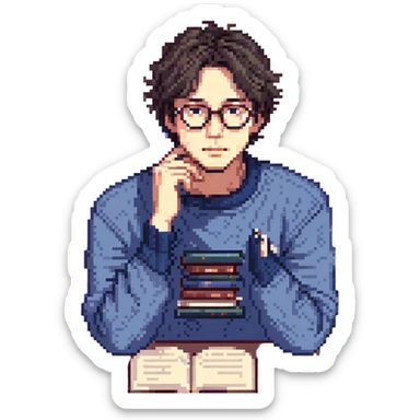 Flat pixel are, calm and curious male thinker, light skin, short tousled dark hair, round glasses, focused expression, wearing an indigo sweater, seated at a desk with open books, one hand resting under his chin in thought, waist-up, front-facing sticker
