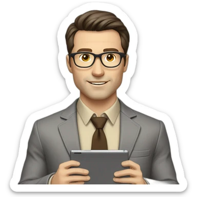 Pale skinned fit man with dark brown hair in gray jacket, beige office shirt, brown tie, brown pants and vintage glasses Writing on the tablet sticker
