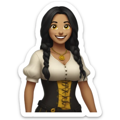 a woman, curvy, long black hair, yellow eyes, a septum piercing, tattoos, a black and yellow tavern keeper outfit, she laughs sticker