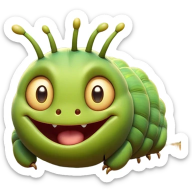 Cinematic Cheeky Caterpillar Portrait Emoji, Head tilted dramatically with an exaggeratedly surprised expression, featuring a tiny, wiggly body with wide, comically expressive eyes full of playful wonder and animated, curving segments, Simplified yet hilariously expressive features, highly detailed, glowing with a slightly sassy natural glow, high shine, dramatic yet playful, stylized with an air of cheeky woodland mischief, soft glowing outline, capturing the essence of a meme-worthy caterpillar that looks ready to wiggle its way into viral fame! sticker