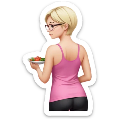 Render from knees up, view from the back, fair skinned woman, curvy, short blond hair, small reading glasses, cooking dinner in kitchen, pink loose tank top, showing natural B cup breast shape SFW, black yoga pants, large curvy booty sticker