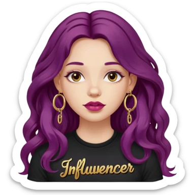 Girl with burgundy purple  wavy long hair wearing a black tshirt "influencer " in pink lettering font, large gold hoop earrings  & lip piercing
 sticker