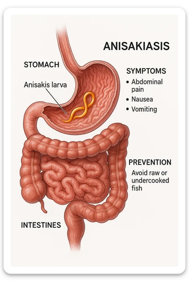 a cutaway view of the human digestive tract, showing an Anisakis larva attached to the stomach or intestinal wall. The parasite is highlighted in color, with surrounding tissue rendered in realistic detail. Educational labels describe symptoms and prevention. sticker