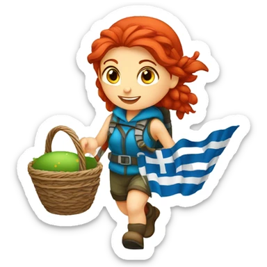 red hair female winter mountaineer climbing with Easter basket and Greek flag sticker