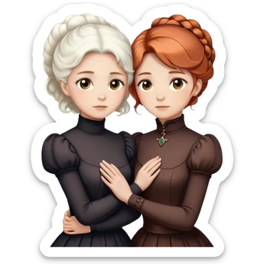 Two Victorian women with light eyes standing close together, one with bright pure white coiffed hair and one with dark copper coiffed hair, both wearing Victorian turtleneck dresses with their arms wrapped tightly around each other sticker