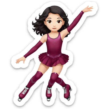 Una patinadora de 12 años y es morena de pelo y lleva un mallott granate con brillos y esta patinando con patines de ruedas en linea y su piel es clara y el pelo es largo negro ondulado e mallot tiene falda sticker