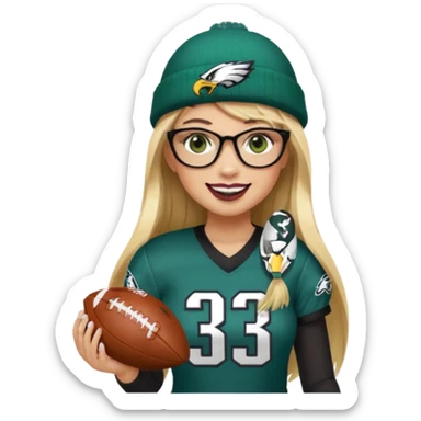 full length women wearing eagles uniform, long straight blonde hair, bangs, green eyes, black rectangle glasses, holding football, number 33, smiling, lipstick, eagles beanie sticker
