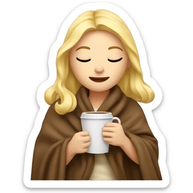 Blonde girl inside blanket holding coffee with eyes closed sticker