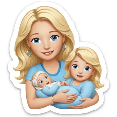 Wavy blonde, white woman with blue eyes, freckles hoop earrings, holding babies smiling and really cute in gold hoops she needs to be holding three newborns, and she needs to be more cute than pretty sticker
