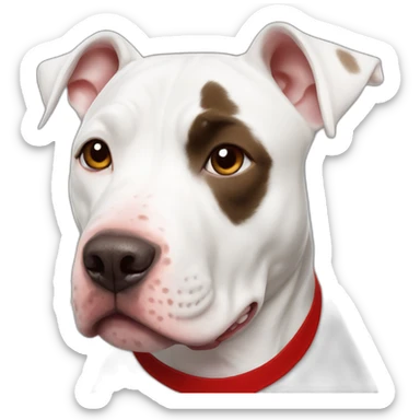 White pitbull dog with brown spot on left eye and red bandana sticker
