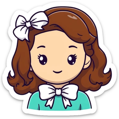 White girl with brown wavy hair and white bow on her head sticker