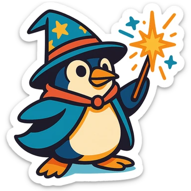 vibrant toon style penguin wizard casting a spell sticker