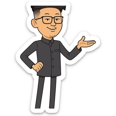 cartoon caricature of Kim Jong Un, skinny, wearing signature suit, confident expression, playful and lighthearted style sticker