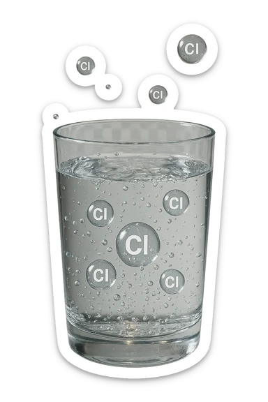 un bicchiere di acqua fluttua in aria realistico e dettagliato, dentro l'acqua del bicchiere ci sono particelle di cloro ben visibili con la scritta "Cl" sopra, ci sono particelle anche che escono dal bicchiere e fluttuan
o in aria verticalmente, mentre alcune sono all'interno dell'acqua nel bicchiere, iperrealistico 4k sticker