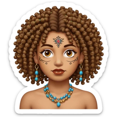 curly haired and heavy face tattoed person with a unique face and style, beads in hair sticker