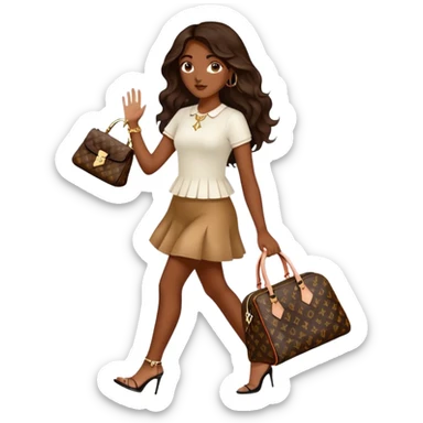  Brown girl with long dark brown medium wavy hair carrying one Louis Vuitton purse on her arm while walking  sticker