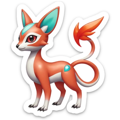 Shiny exotic animalistic feral Colorful glowing glossy smooth soft silky Futuristic Cyber-Vernid-Trico-Meloetta-Latias-Koraidon-Peppercat-Protogen-Pokémon-Digimon-Fakémon-fusion-hybrid-creature sticker