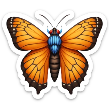 moth with blue eyes mornach butterfly wings orange and yellow with red godzilla eyes on the wings, brown tail, black Moth Insect Arms and legs almost like mothra sticker