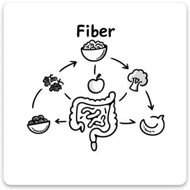 Hand-drawn doodle showing various fiber-rich foods like oats, beans, apples, berries, and broccoli with arrows pointing to a healthy intestine, with text showing 'Fiber' sticker