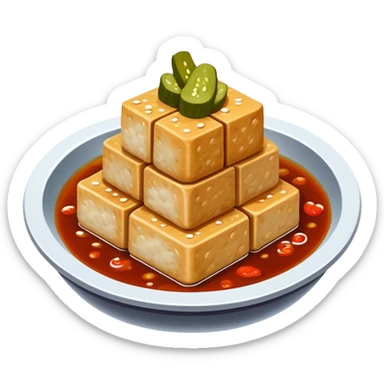 Stinky Tofu with sauce and pickles, simplified emoji style with bold outlines and bright colors, cartoon style dark fermented Chinese street food with steam sticker