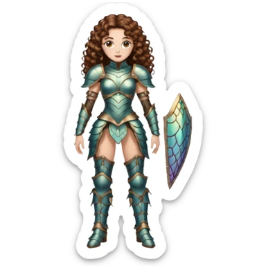 full body woman long curly brown hair brown eyes white skin tattoos beetle shell armor couture, iridescent plates, confident stance sticker