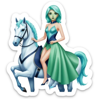 alien reptilian green skin woman, in short slim pastel blue formal party satin dress with gradient shiny sparkling navy blue diamonds embroidered , ride a White horse sticker