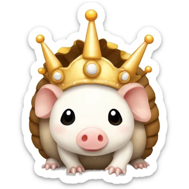 Beige and white piebald chubby round armadillo pig panda centipede armadillo wearing a crown sticker