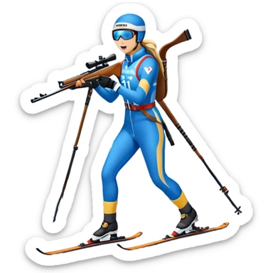 An icon showing a biathlete skiing on a snow-covered Olympic track with a rifle on their back. Cheering fans fill the stands. Majestic mountains, snowy trees, and a bright blue sky complete the scenic winter landscape. Transparent background captures the spirit of biathlon. sticker