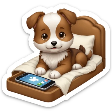  puppy in bed with phone sticker