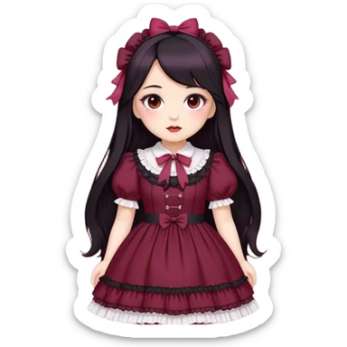pale  chubby girl , who has long black hair , brown eyes , and doll like makeup , in a burgundy lolita hime gyaru dress  sticker