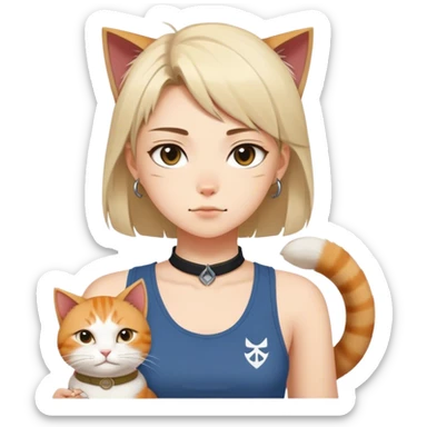 Beautiful girl with "ryu" written on toptank and a cat with "odin" written on collar tag sticker