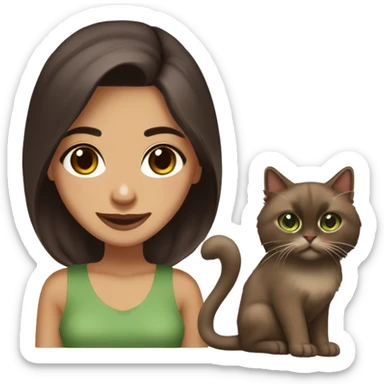Pretty Persian girl with big brown eyes, lighter olive skin with medium length dark brown hair and full lips smiling, holding her brown ragdoll/siamese cat with a darker brown face and big green eyes  sticker