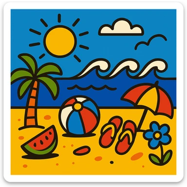 summer scene with sea and sun, vibrant colors, playful style sticker