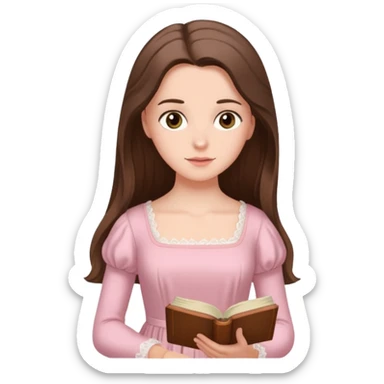  white long brunette hair girl with hazel eyes in light pink reading Pride and Prejudice sticker
