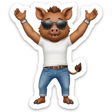 friendly anthropomorphised boar in jeans and a t-shirt, wearing dark sunglasses, stretching pose sticker