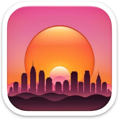 “Simple sunset emoji 🌇 in clean 3D style, smooth rounded shapes, warm orange-pink sky, glossy shiny surface, soft studio lighting, cute emoji look, minimal city silhouette, no text, no shadow, no background (transparent), high-quality 3D render.” sticker