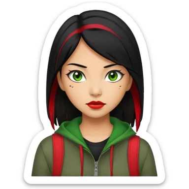 Asian-Latina woman with black hair with a red streak, green eyes, and an alternative/grunge style of clothing. sticker