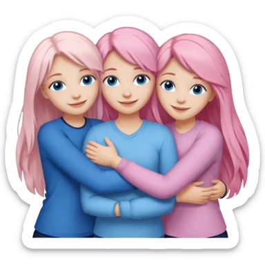 Girlfriend emoji - four white grips hugging and smiling    One girl with long light pink hair and blue eyes, one girl with blue eyes and light blonde hair, and 2 girls with brown eyes and long dark brown hair. sticker