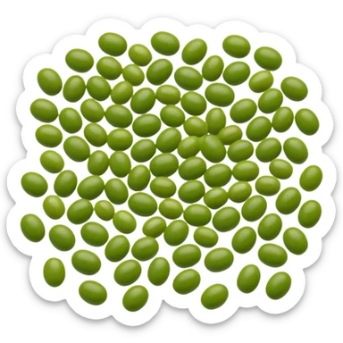 mung beans, small cluster or scatter, whole, smooth oval, glossy, vibrant green, natural color variation, fresh, uncooked, firm, no sprouting, no bowl, no packaging, no faces, clean 3D, soft shadows, transparent background, emoji scale sticker