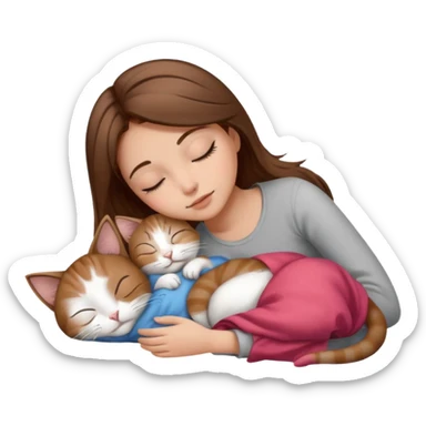 sleeping girl brown hair laying next to white and gray stains cat sticker