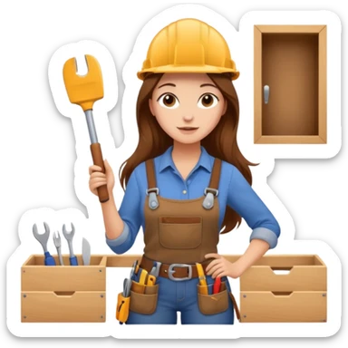 beautiful girl with long brown hair constructing new kitchen cabinets sticker