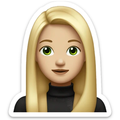 The girl is blonde with long straight hair and green eyes and is wearing a black turtleneck sticker