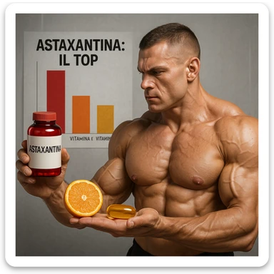 hyper realistic bodybuilder comparing Astaxantina, vitamin C and vitamin E, sculpted muscles, red bottle, orange and golden capsule, bar chart, text 'Astaxantina: il top', scientific atmosphere sticker