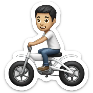 white skin men with short black hair riding a funny and miniature toy bike sticker