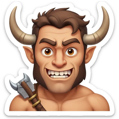 a barbarian with big eyebrows, horns, crooked teeth, visibly dumb man, but with a bare neck sticker