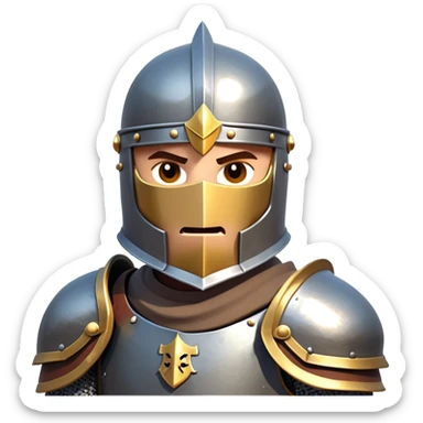 clash-of-clans-aesthetic_-cinematic-fearsome-and-majestic-knight-bust-portrait-emoji, rendered in a flat, vector-style with minimal shading and bold, simplified shapes, depicting a battle-ready medieval knight with steely eyes and intricate armor, mounted on a warhorse reflecting sunlight over a misty battlefield. sticker