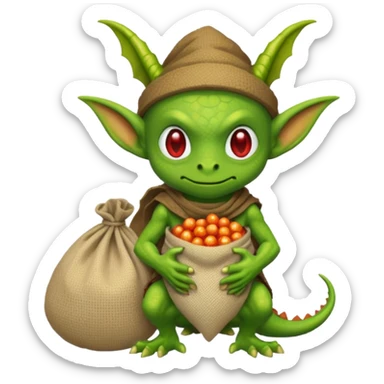 A pixel art goblin with a cloth sack over its back filled with dragon eggs. sticker