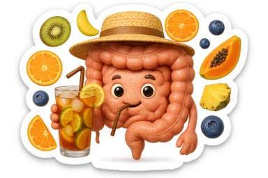 EMOJI STILE IPHONE DI INTESTINO UMANO REALISTICO CON CAPPELLO DI PAGLIA DA SPIAGGIA CHE BEVE UN Tè FREDDO IN BICCHIERE DI VETRO CON DENTRO  fette di cetriolo, limone, lime, DIETRO L'INTESTINO FLUTTUANO PEZZETTI DI Kiwi
Banana acerba
Arance e mandarini
Mirtilli
Ananas
Papaya
IPERREALISTICO 4K sticker