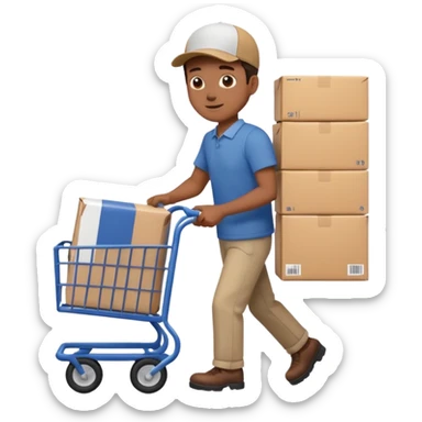 hombre llevando en un carrito un paquete de envio sticker